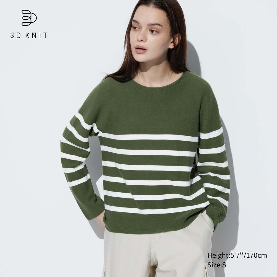 olive uniqlo 3d knit seamless cotton striped crew neck womens jumpers