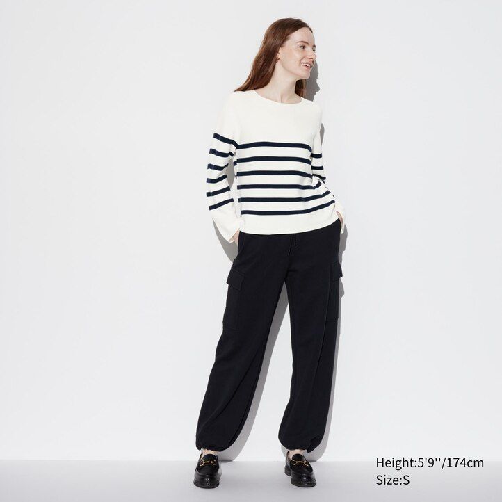 olive uniqlo 3d knit seamless cotton striped crew neck womens jumpers