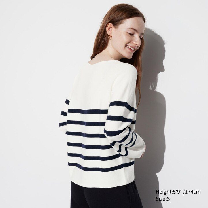 olive uniqlo 3d knit seamless cotton striped crew neck womens jumpers