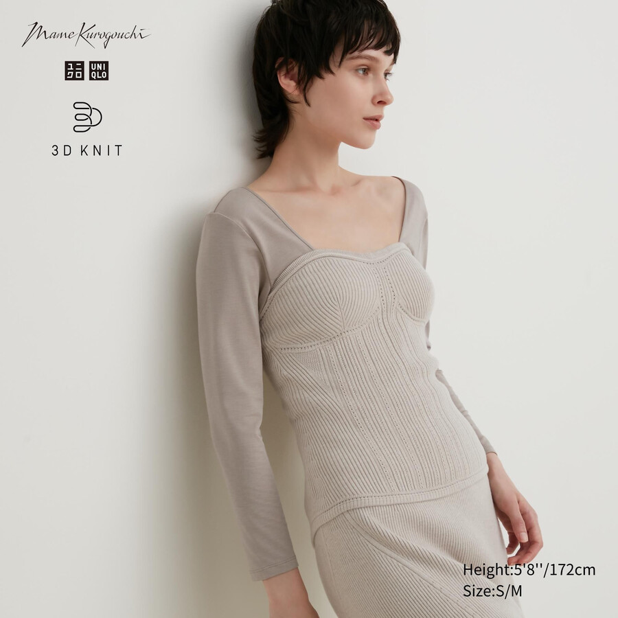 beige uniqlo 3d knit seamless souffle yarn ribbed bustier womens jumpers