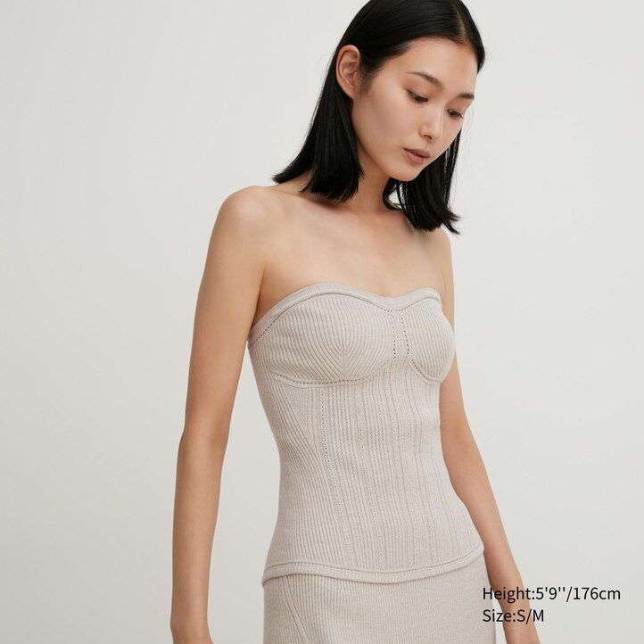 beige uniqlo 3d knit seamless souffle yarn ribbed bustier womens jumpers