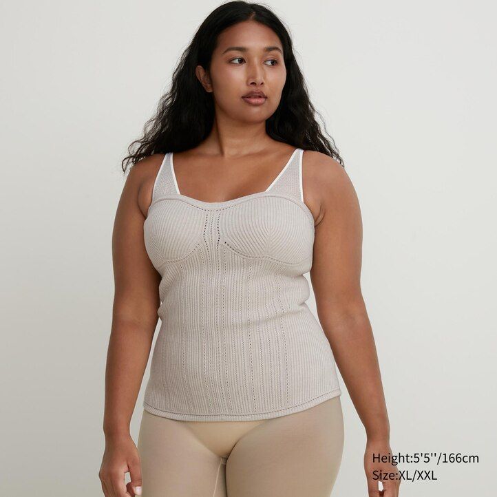 beige uniqlo 3d knit seamless souffle yarn ribbed bustier womens jumpers