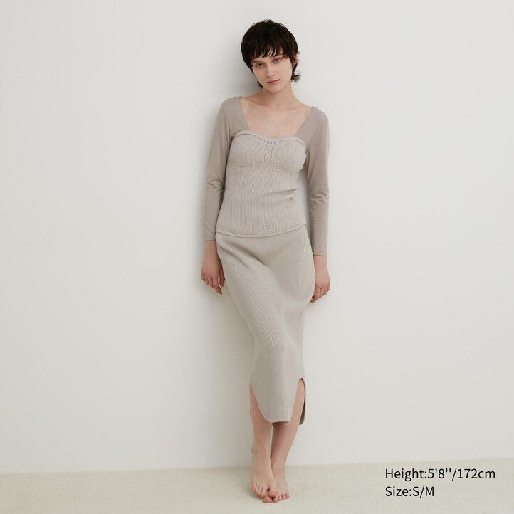 beige uniqlo 3d knit seamless souffle yarn ribbed bustier womens jumpers