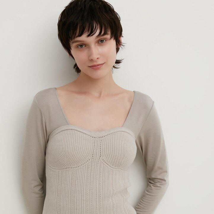 beige uniqlo 3d knit seamless souffle yarn ribbed bustier womens jumpers