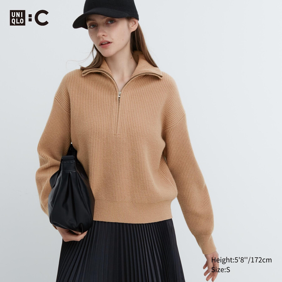 womens uniqlo premium lambswool half zipped jumpers beige