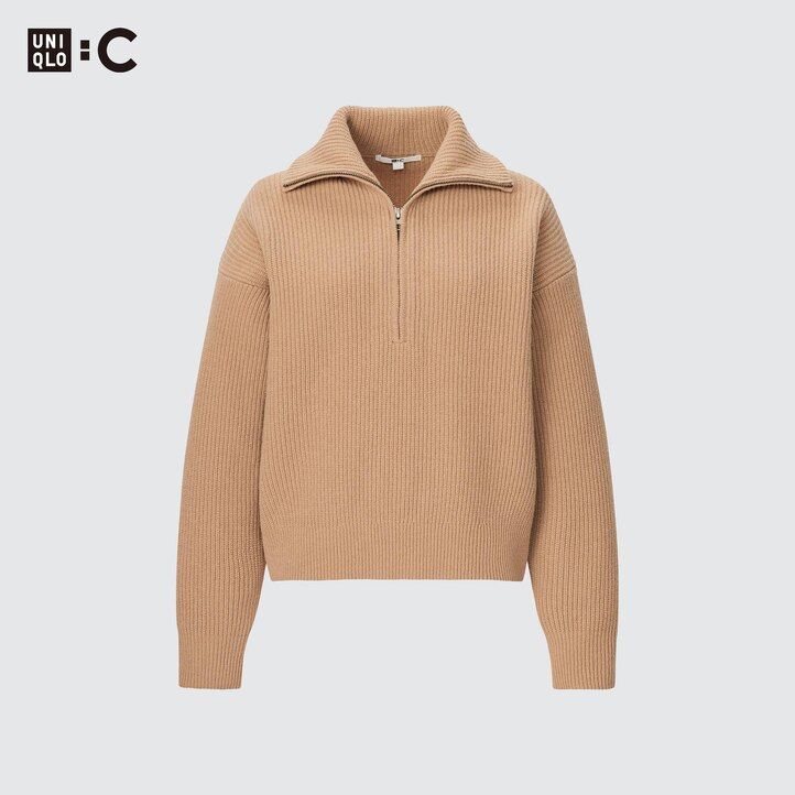 womens uniqlo premium lambswool half zipped jumpers beige