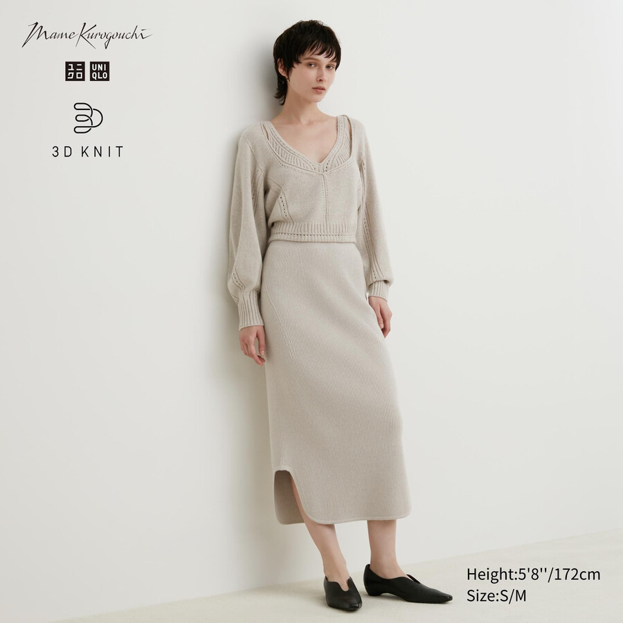 uniqlo 3d knit seamless souffle yarn ribbed womens skirts beige