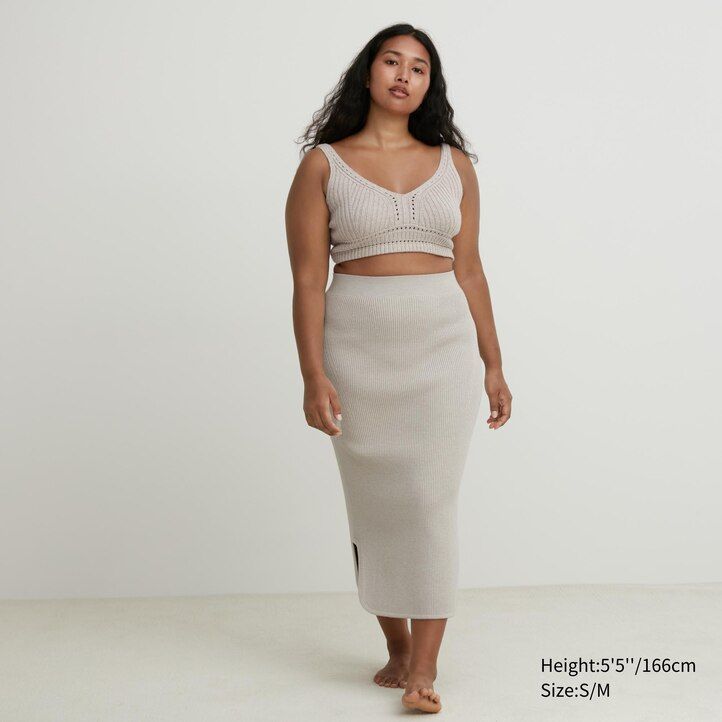 uniqlo 3d knit seamless souffle yarn ribbed womens skirts beige