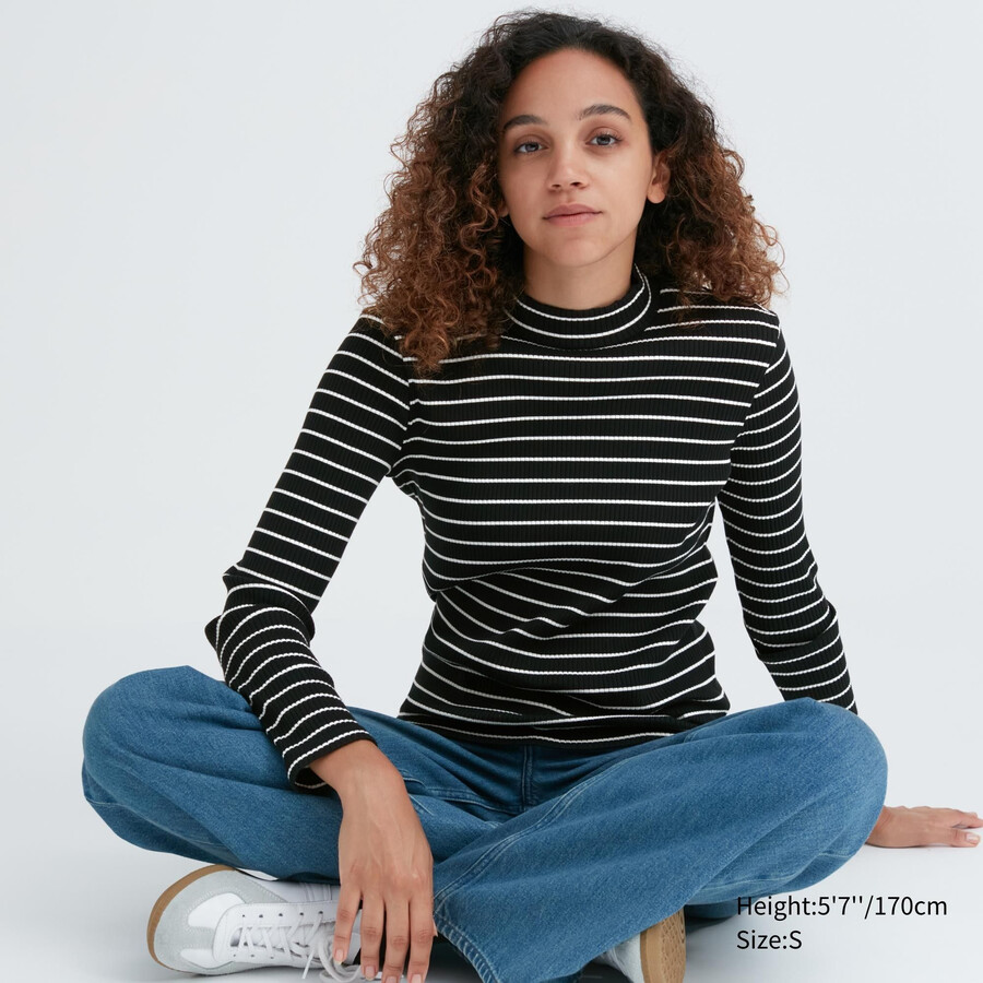 black womens uniqlo ribbed striped high neck sleeved t shirts