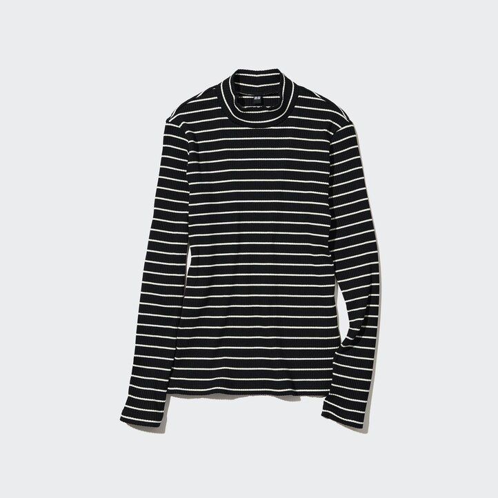 black womens uniqlo ribbed striped high neck sleeved t shirts