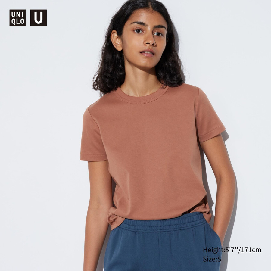 brown uniqlo uniqlo u crew neck sleeved womens t shirts