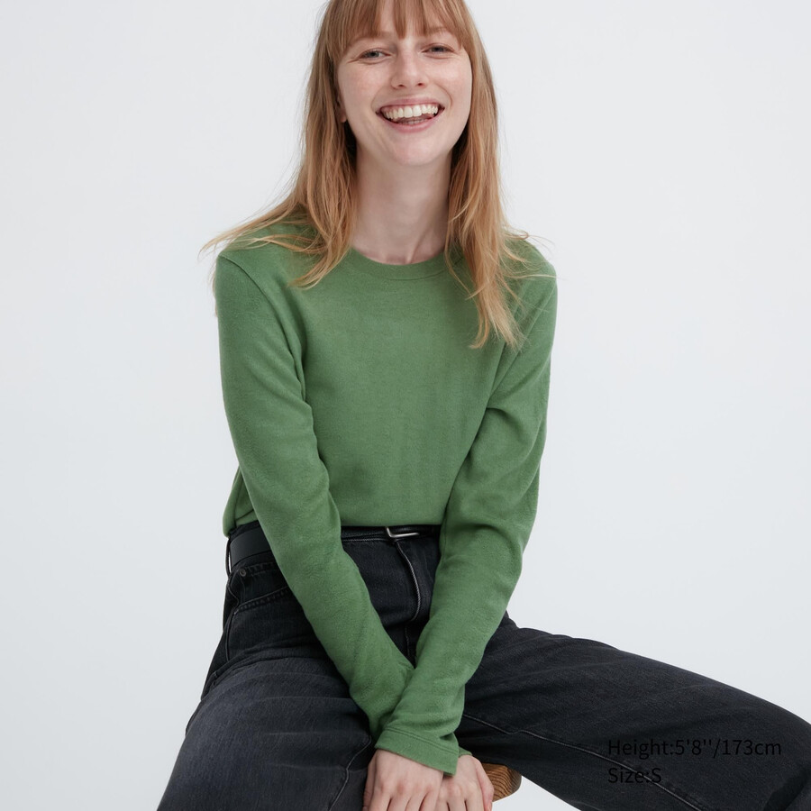 green womens uniqlo heattech fleece crew neck sleeved thermal t shirts