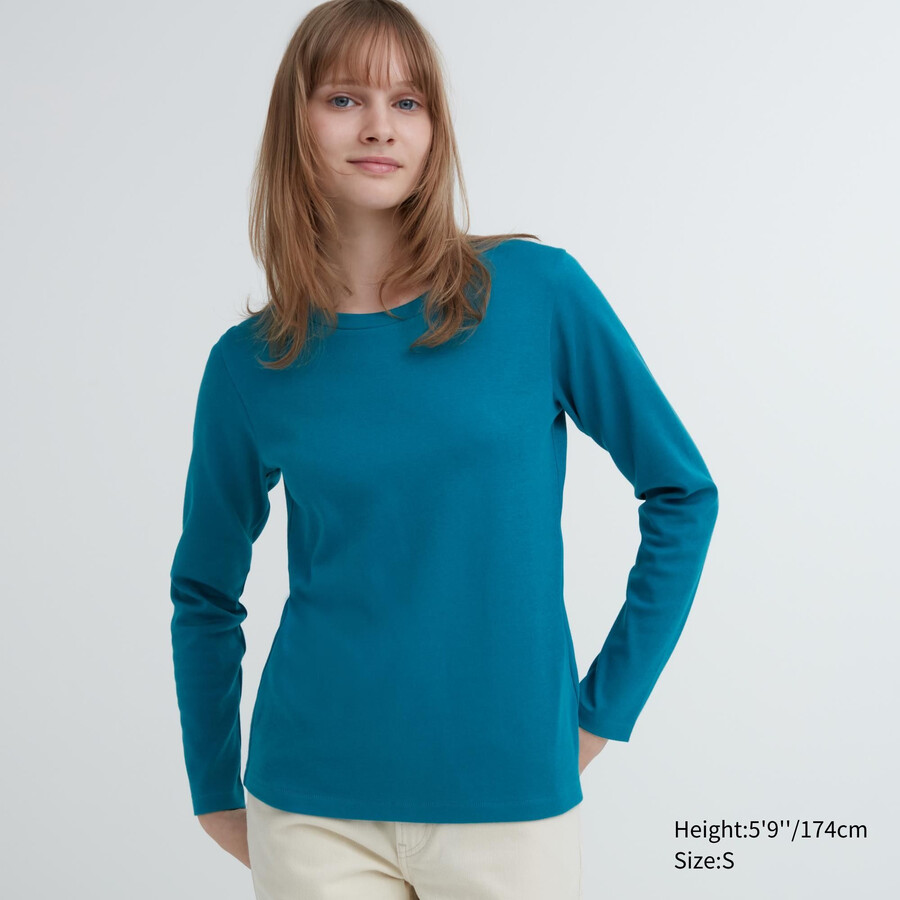 womens uniqlo smooth cotton stretch crew neck sleeved t shirts green