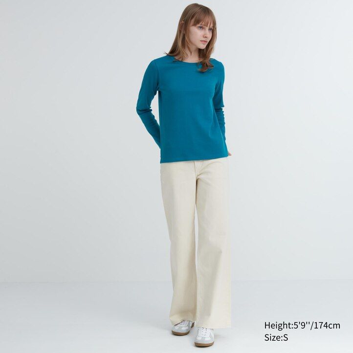 womens uniqlo smooth cotton stretch crew neck sleeved t shirts green