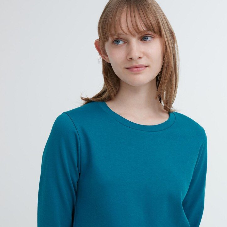 womens uniqlo smooth cotton stretch crew neck sleeved t shirts green