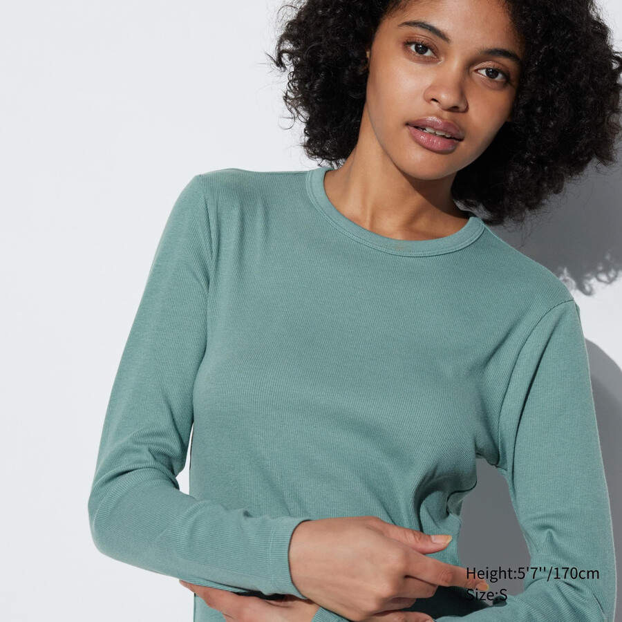 green uniqlo soft ribbed fitted crew neck sleeved womens t shirts