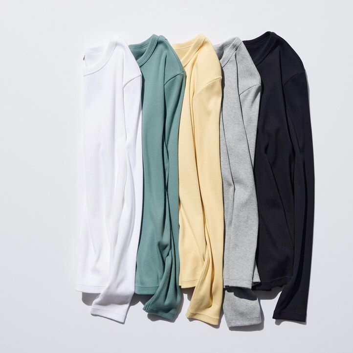 green uniqlo soft ribbed fitted crew neck sleeved womens t shirts