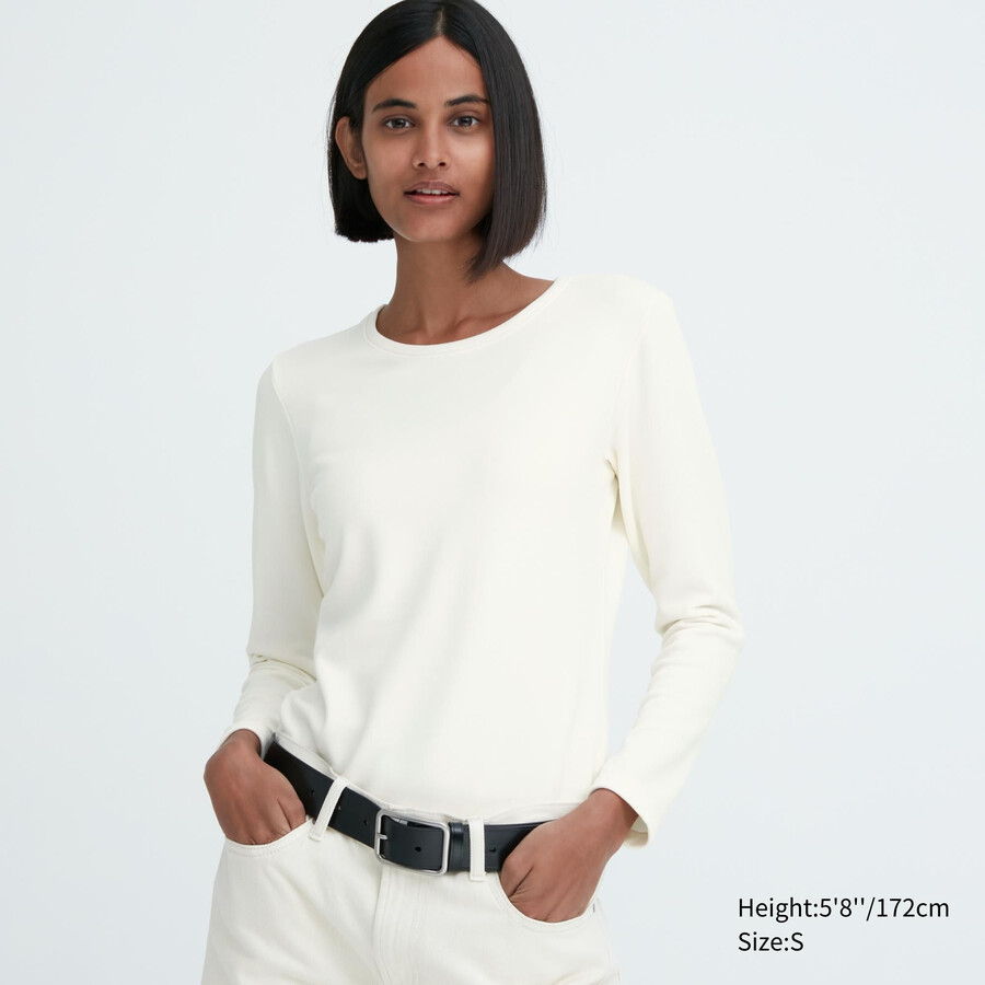 white uniqlo heattech ultra warm crew neck sleeved thermal womens t shirts