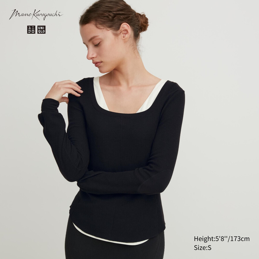 uniqlo heattech extra warm waffle square neck sleeved thermal womens t shirts black