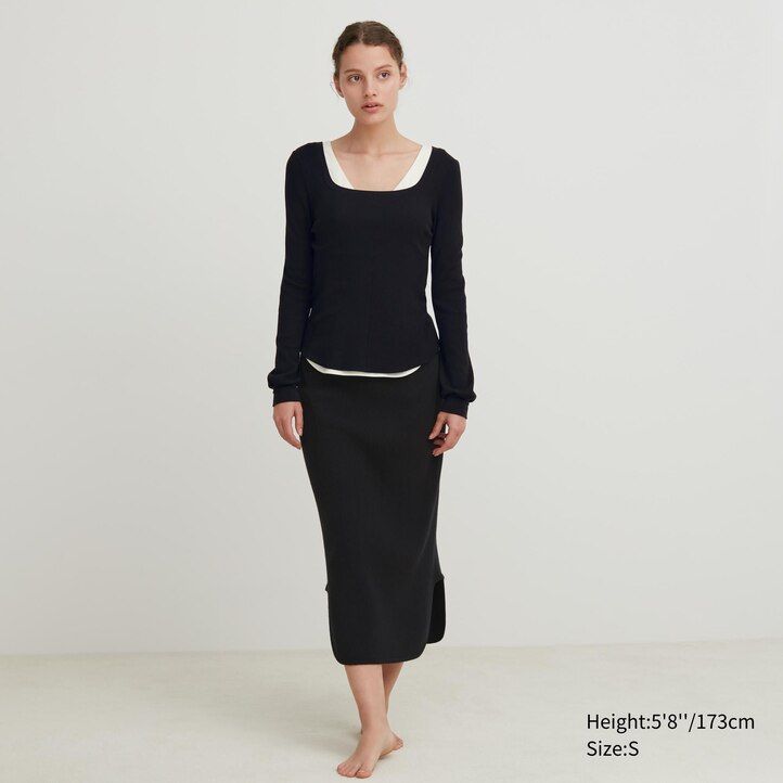 uniqlo heattech extra warm waffle square neck sleeved thermal womens t shirts black