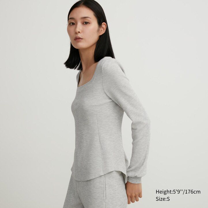 uniqlo heattech extra warm waffle square neck sleeved thermal womens t shirts black