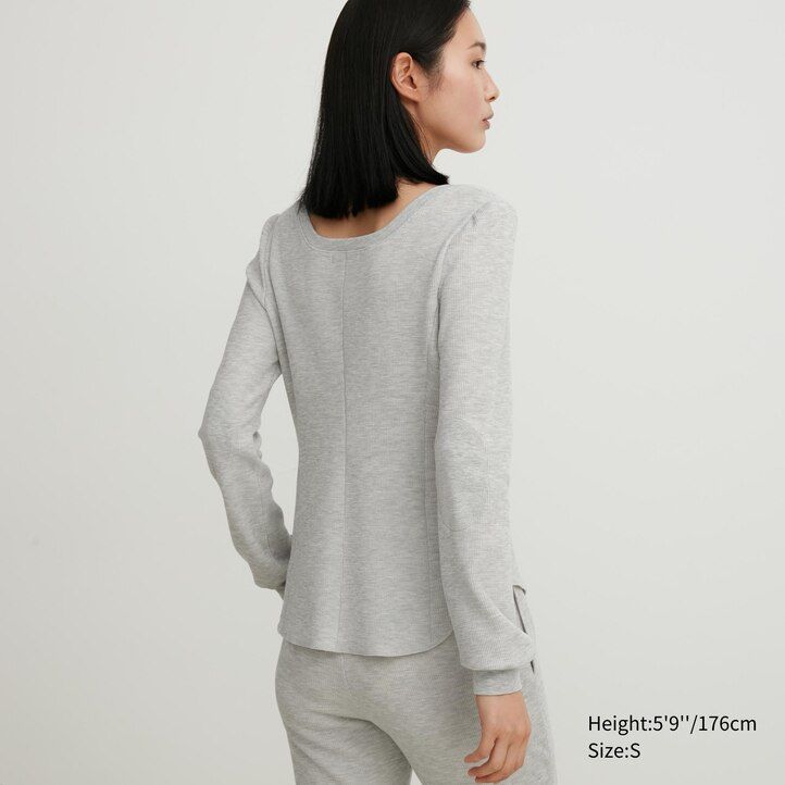 uniqlo heattech extra warm waffle square neck sleeved thermal womens t shirts black