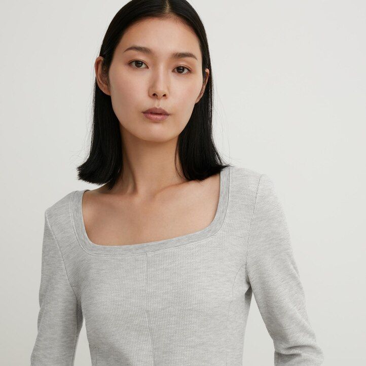 uniqlo heattech extra warm waffle square neck sleeved thermal womens t shirts black