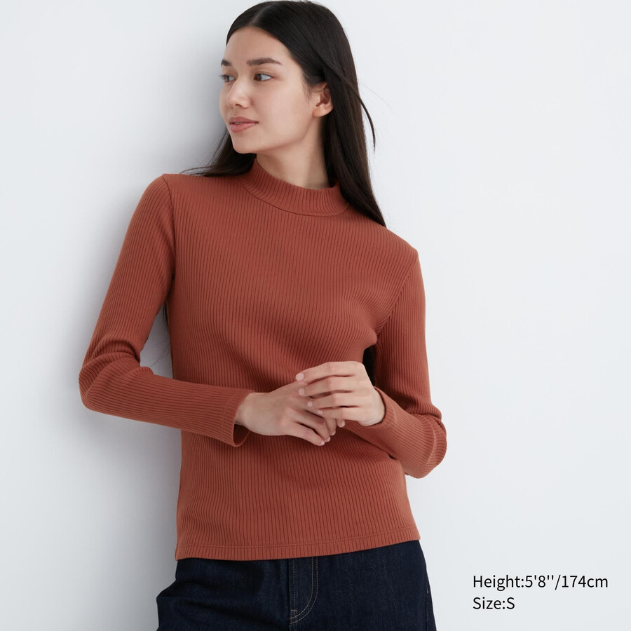 womens uniqlo ribbed high neck sleeved t shirts dark orange