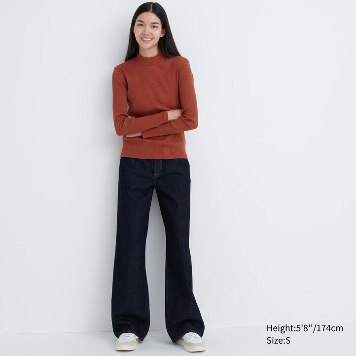 womens uniqlo ribbed high neck sleeved t shirts dark orange