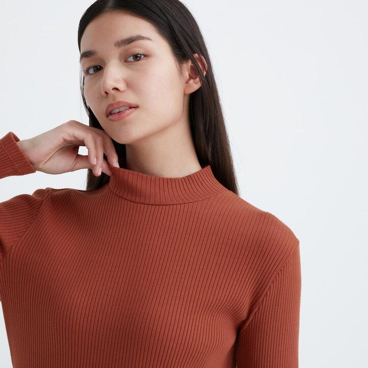 womens uniqlo ribbed high neck sleeved t shirts dark orange