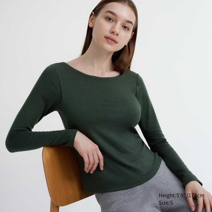 dark green uniqlo heattech ribbed scoop neck sleeved thermal womens t shirts