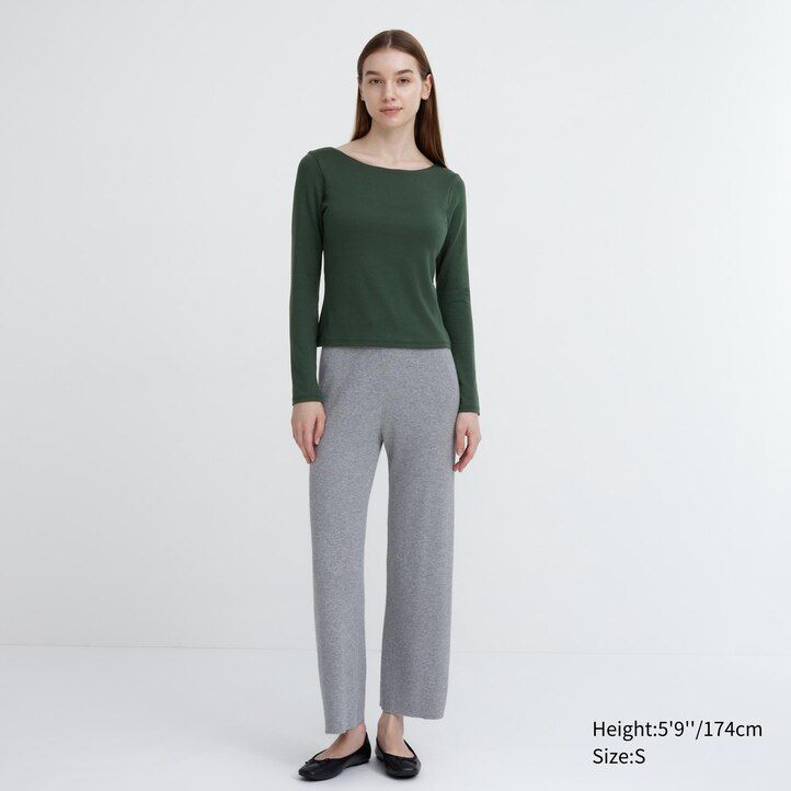 dark green uniqlo heattech ribbed scoop neck sleeved thermal womens t shirts