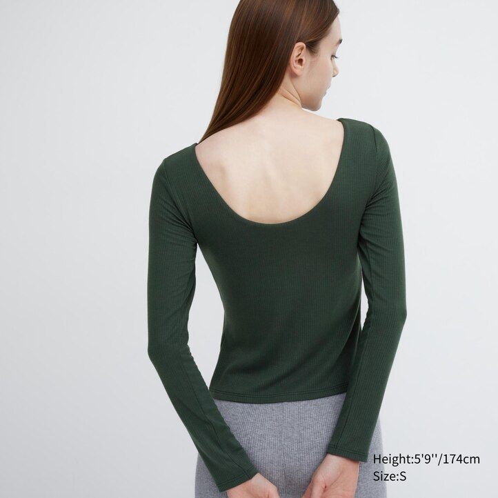dark green uniqlo heattech ribbed scoop neck sleeved thermal womens t shirts