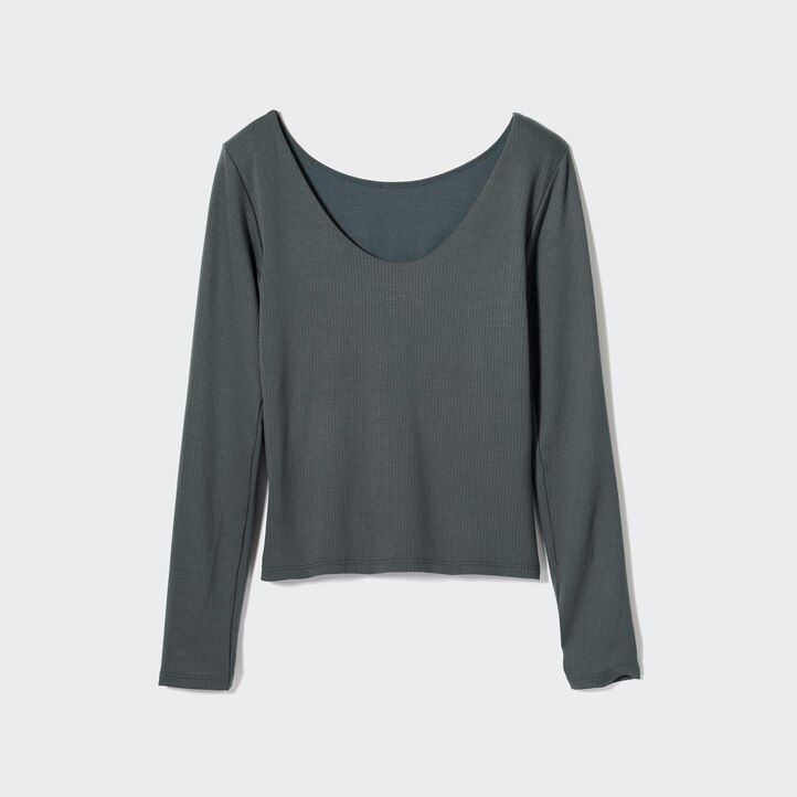 dark green uniqlo heattech ribbed scoop neck sleeved thermal womens t shirts