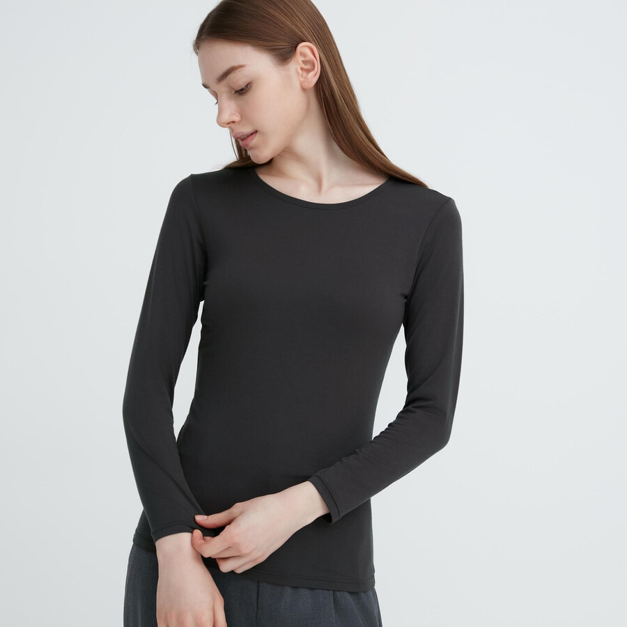 dark grey womens uniqlo heattech crew neck sleeved thermal t shirts