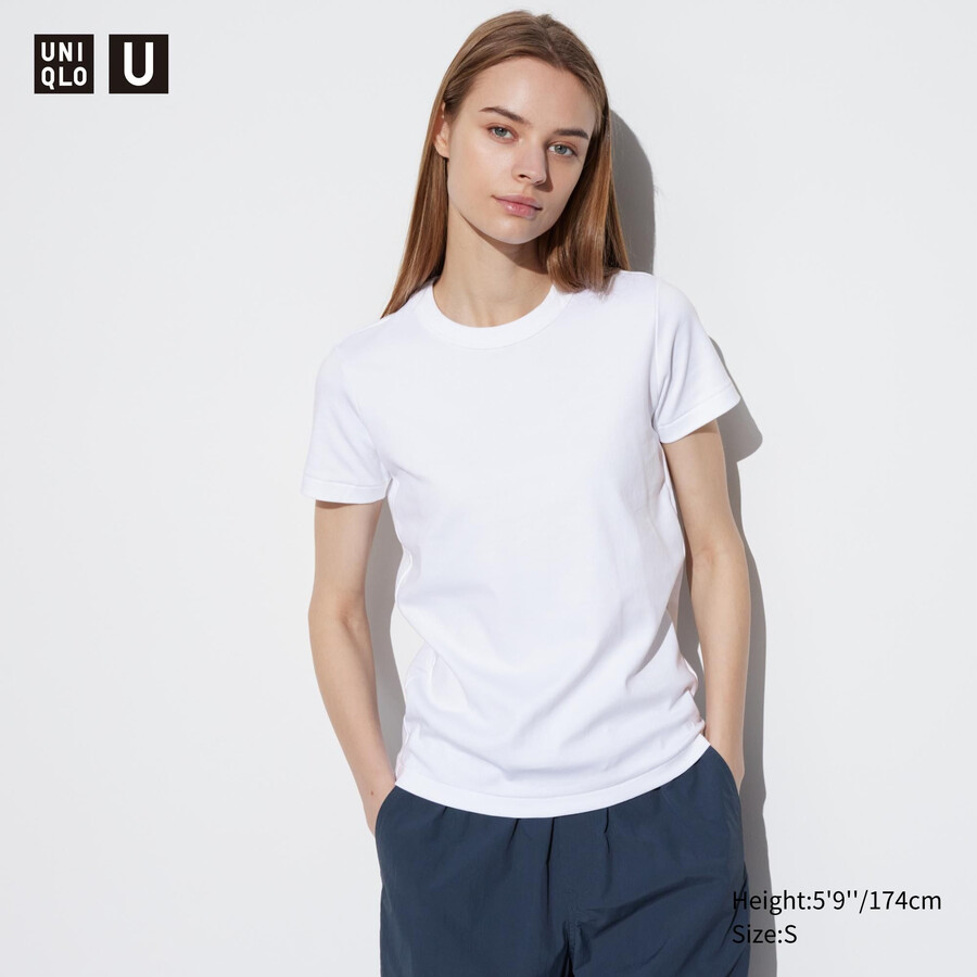 womens uniqlo crew neck sleeved t shirts white