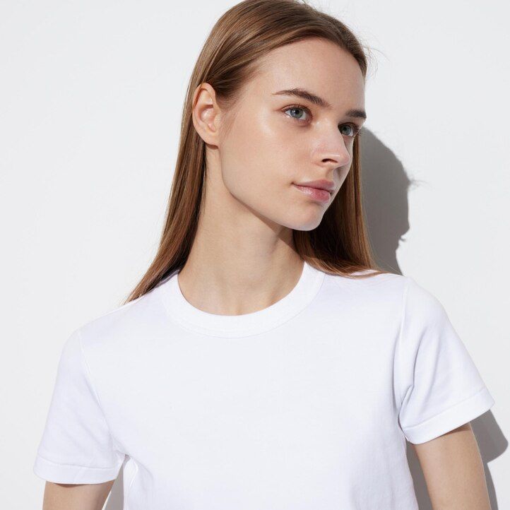 womens uniqlo crew neck sleeved t shirts white