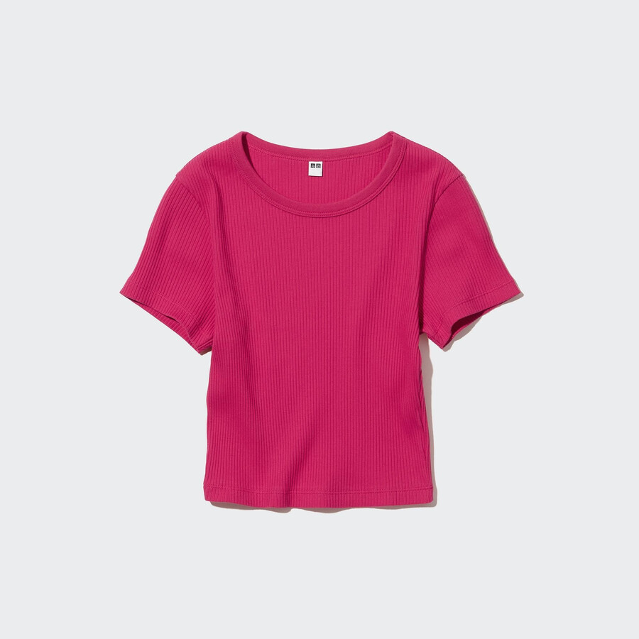 pink uniqlo ribbed cropped crew neck womens t shirts