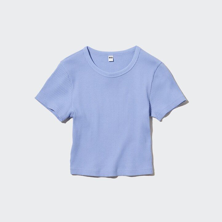 pink uniqlo ribbed cropped crew neck womens t shirts