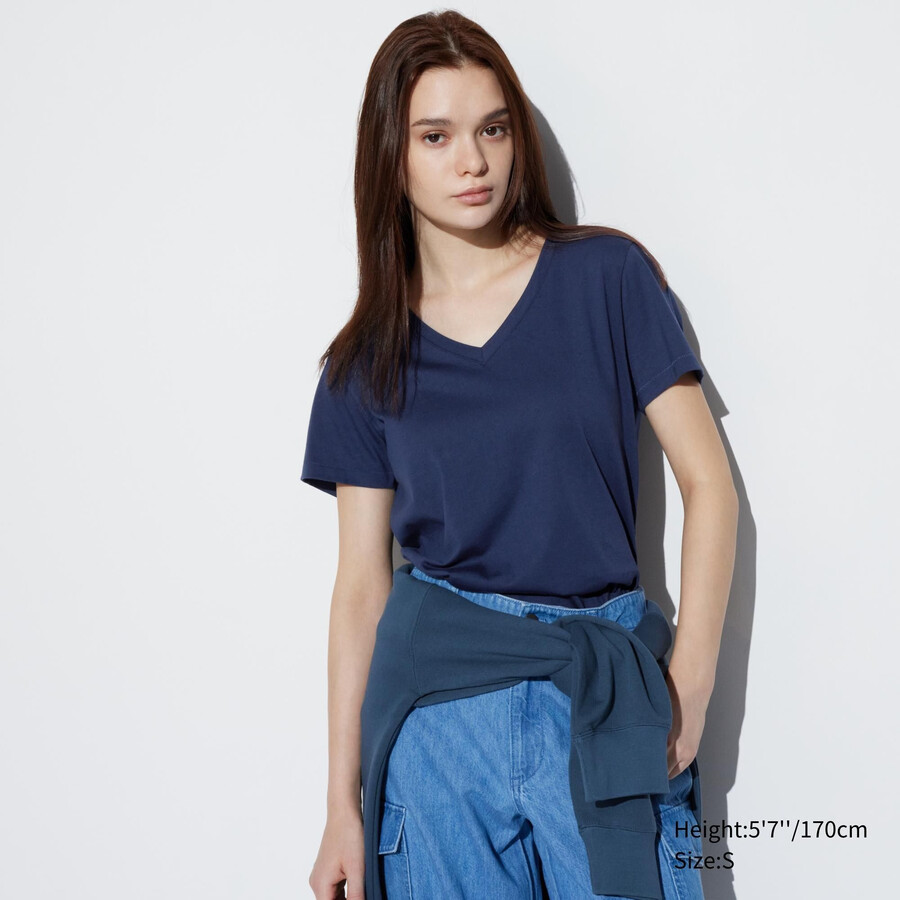 blue uniqlo 100pct supima cotton v neck sleeved womens t shirts