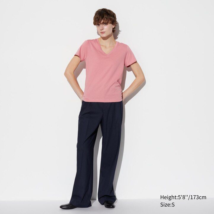 blue uniqlo 100pct supima cotton v neck sleeved womens t shirts