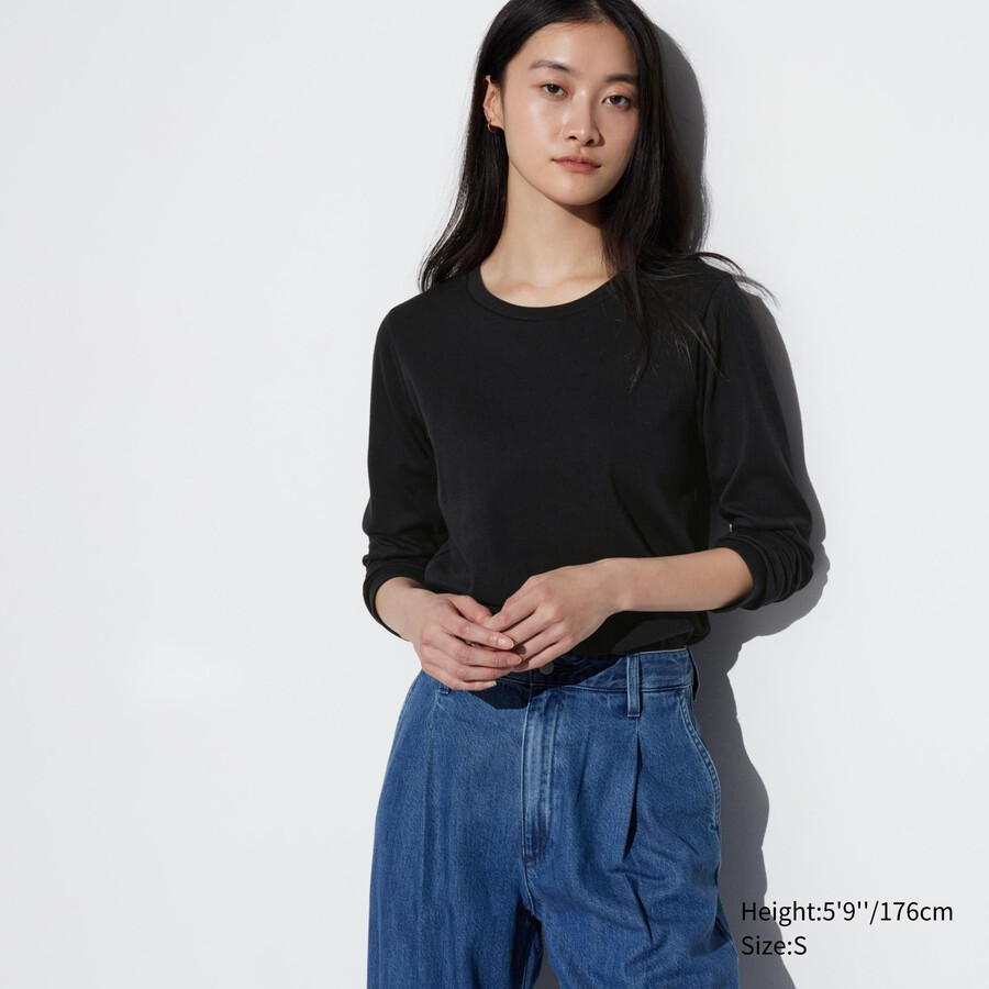 uniqlo smooth cotton stretch crew neck sleeved womens t shirts black