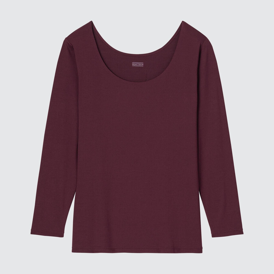 burgundy uniqlo heattech scoop neck sleeved thermal womens t shirts
