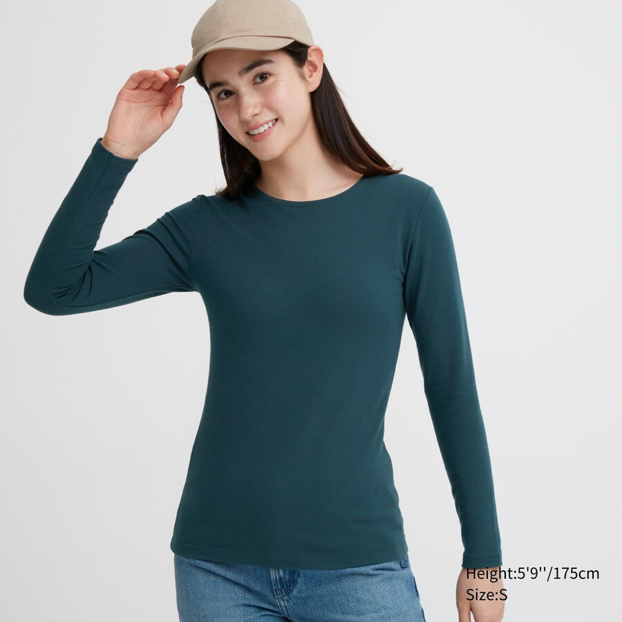 dark green uniqlo heattech extra warm cotton crew neck sleeved thermal womens t shirts