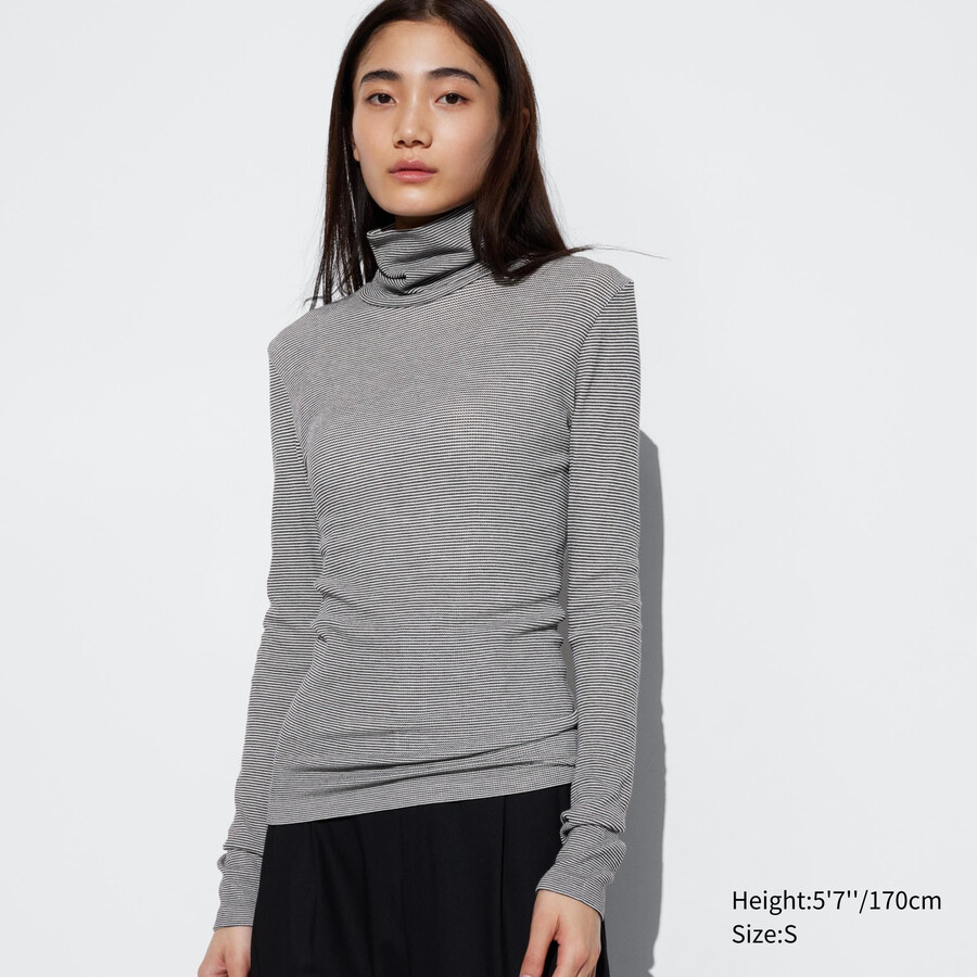 white uniqlo heattech extra warm seamless ribbed striped sleeved thermal womens t shirts