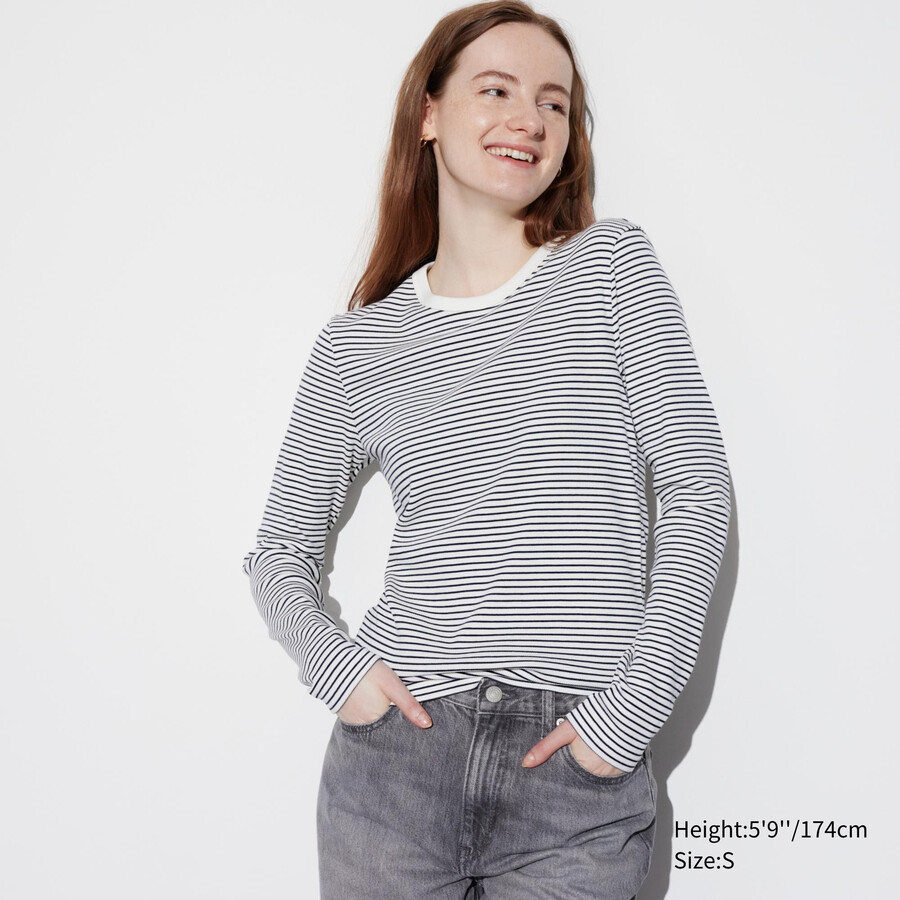 white uniqlo soft ribbed fitted striped crew neck sleeved womens t shirts