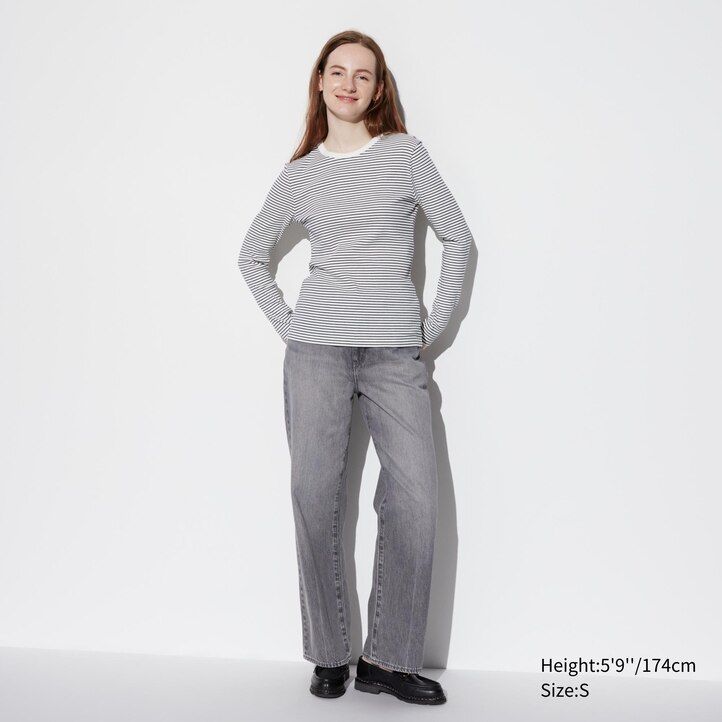 white uniqlo soft ribbed fitted striped crew neck sleeved womens t shirts