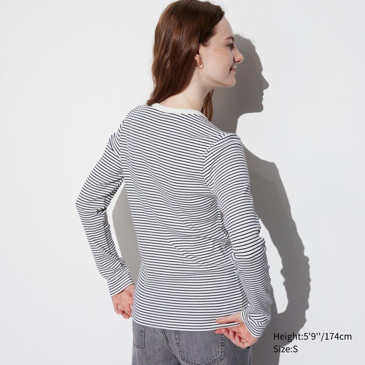 white uniqlo soft ribbed fitted striped crew neck sleeved womens t shirts