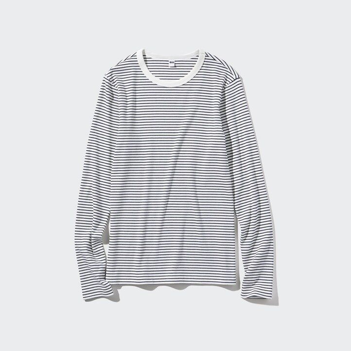 white uniqlo soft ribbed fitted striped crew neck sleeved womens t shirts