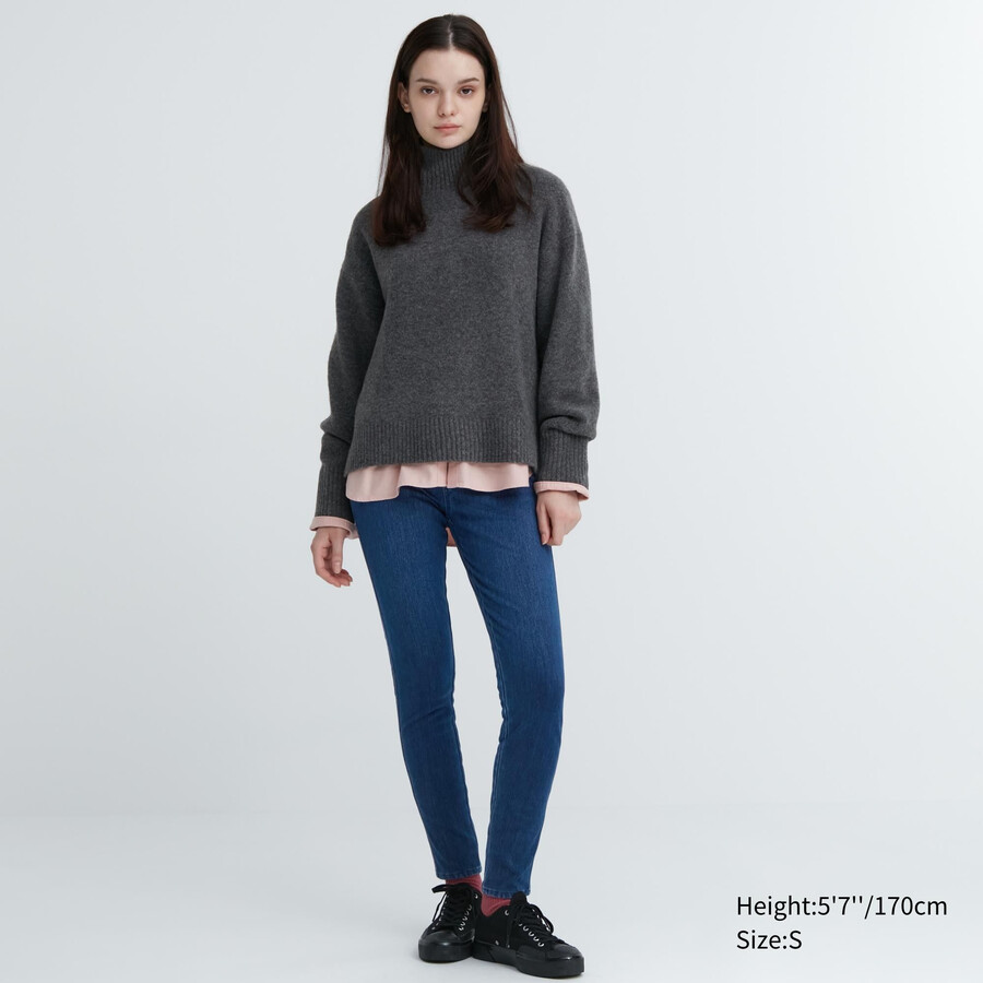 blue womens uniqlo heattech ultra stretch denim high rise tops